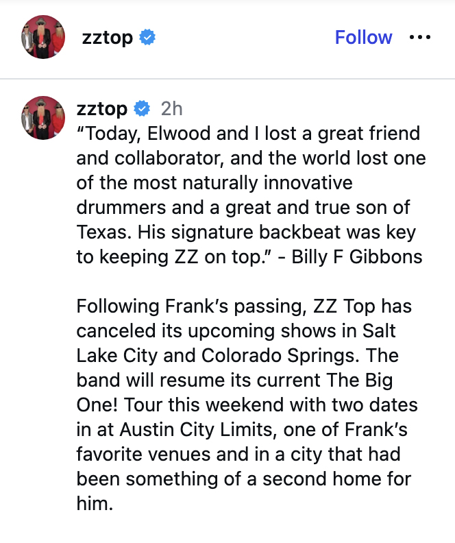 An Instagram post by zztop honoring Frank Beard and announcing cancelled shows.
