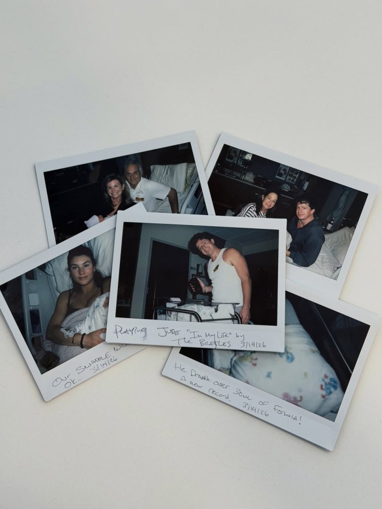 Collage of five instant photos related to the birth of a baby.