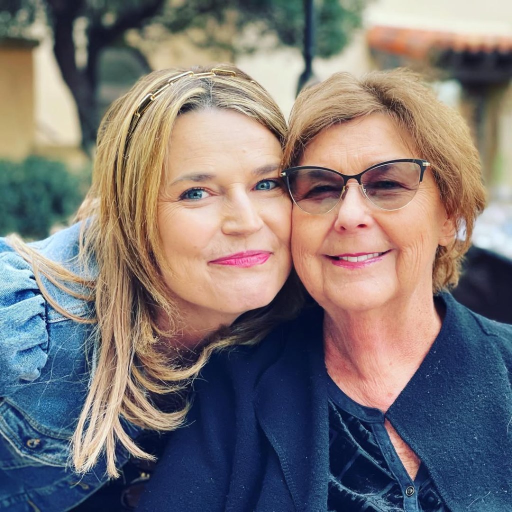 Savannah Guthrie, in a denim jacket, smiling with Nancy Guthrie, in a black shirt and sunglasses.