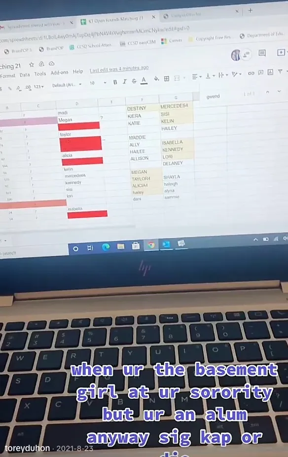 A laptop screen displaying a spreadsheet with names, some highlighted in red, with text overlays saying 