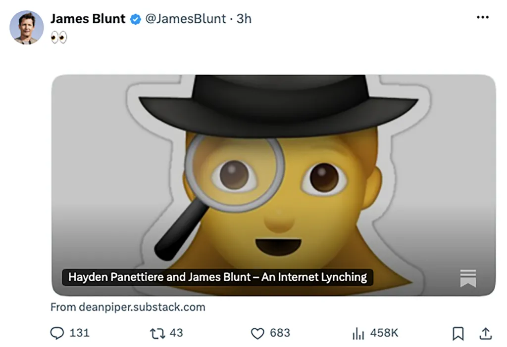James Blunt's tweet featuring an emoji wearing a fedora and holding a magnifying glass, with a link to an article titled 