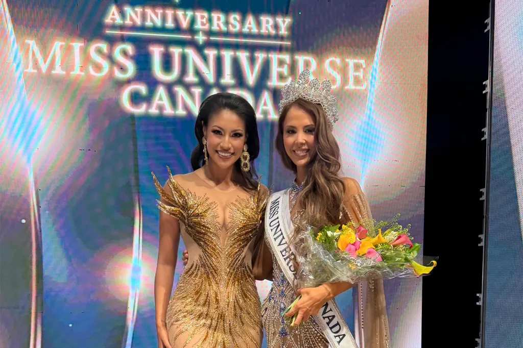 Two contestants from the Miss Universe Canada pageant pose together, one wearing a golden dress and the other a crown and a