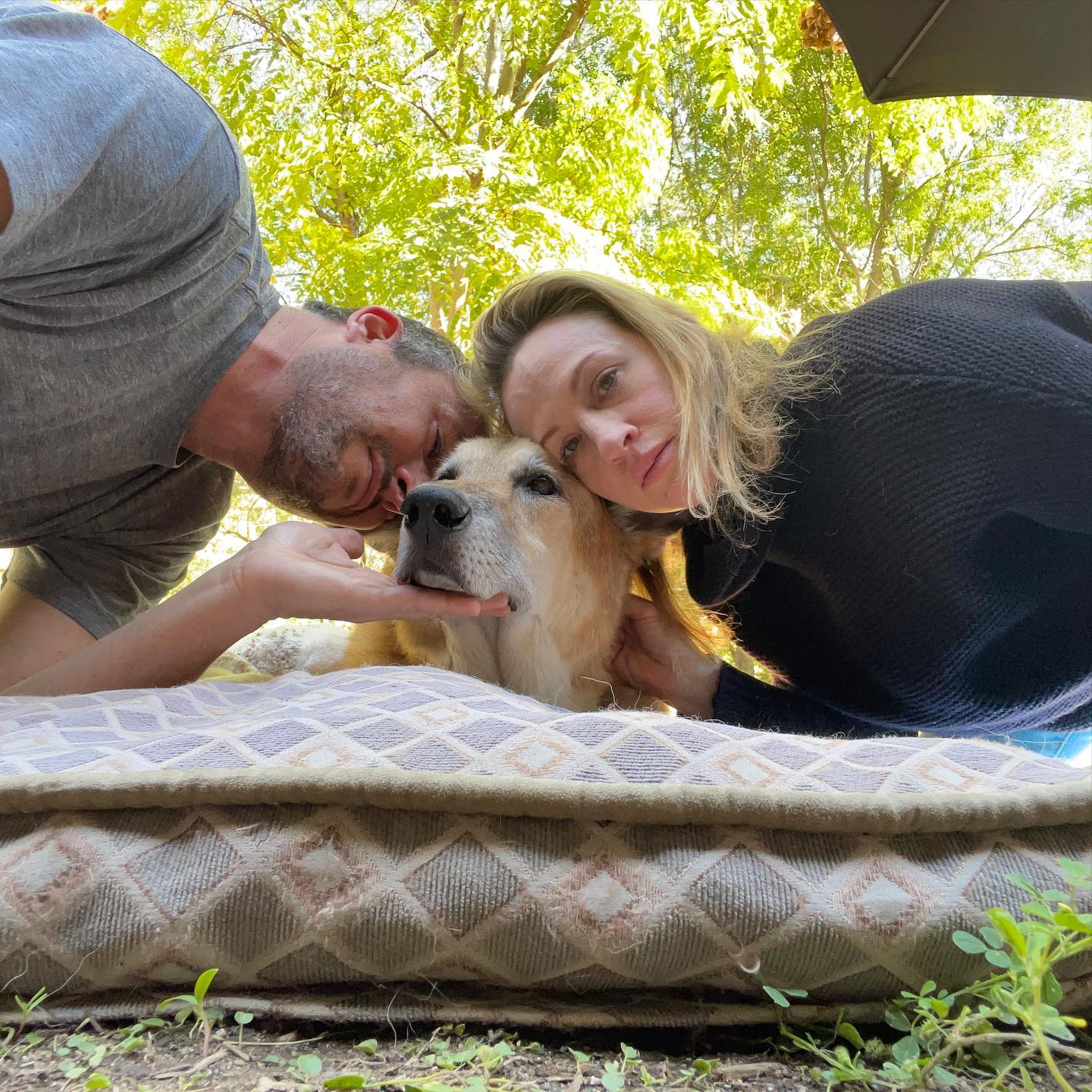 Zach Goldsmith and his ex-wife cuddling a dog.