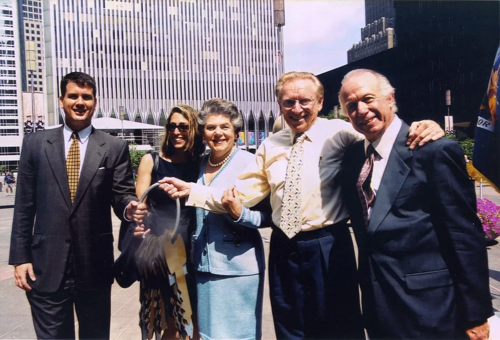 Silverstein and his wife in front of the Twin Towers shortly after buying the lease before the Twin Towers were hit.