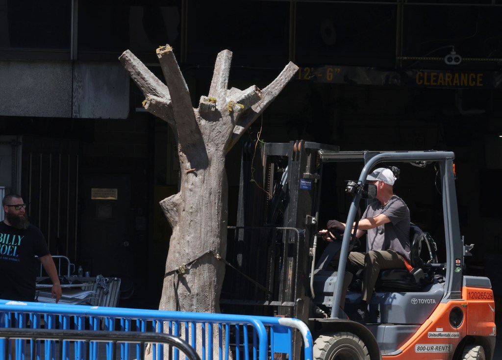 Forklift loading wedding equipment at Madison Square Garden after Taylor Swift and Travis Kelce's wedding.