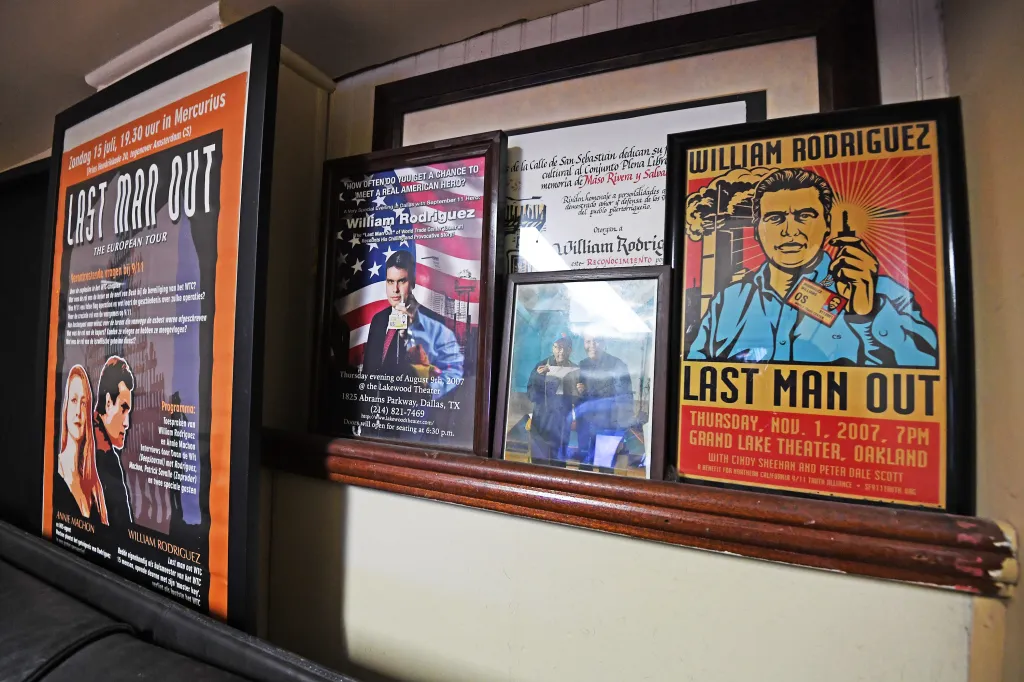 A collage of framed posters and a photo about William Rodriguez, 