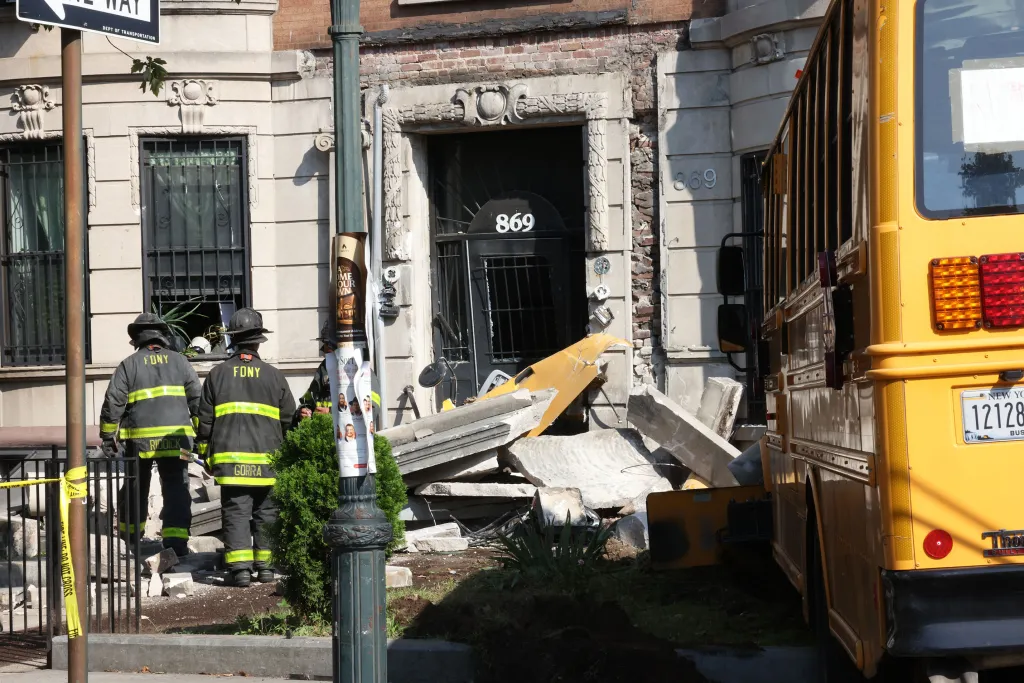 A school bus is shown crashed into 869 Eastern Parkway in Brooklyn, N.Y., on Thursday, Sept. 17, 2026. 