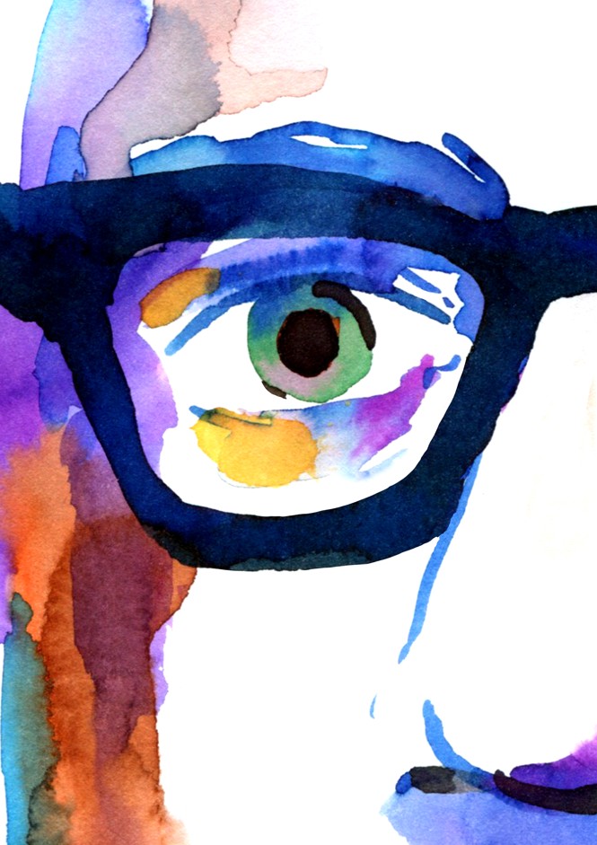 a watercolor-style painting of the face of a man wearing dark frame glasses