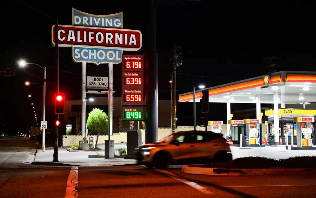 Gas prices over $6 a gallon are seen on a Shell gas station sign in Monterey Park, California.