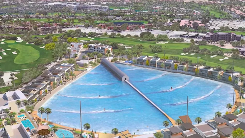 Illustration of the Wavegarden Cove surf park with a central wave generator, surrounding housing, and a golf course in the background.