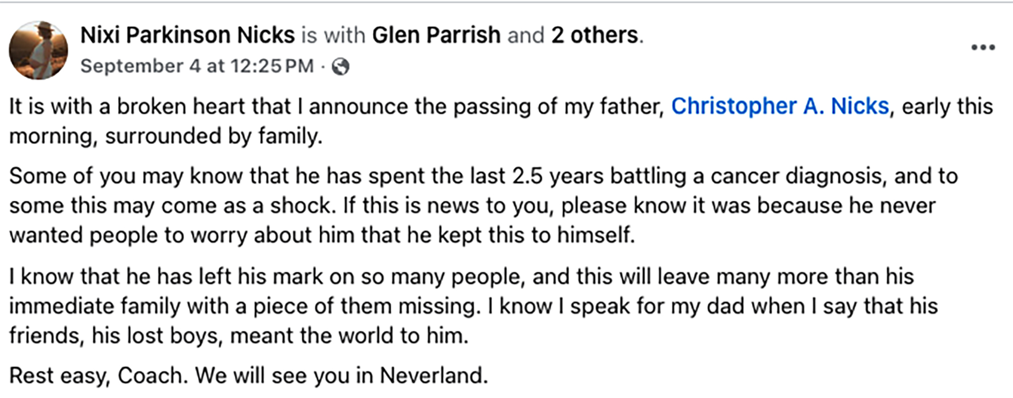 A Facebook post from Nixi Parkinson Nicks announcing the passing of her father, Christopher A. Nicks, after a 2.5-year battle with cancer.