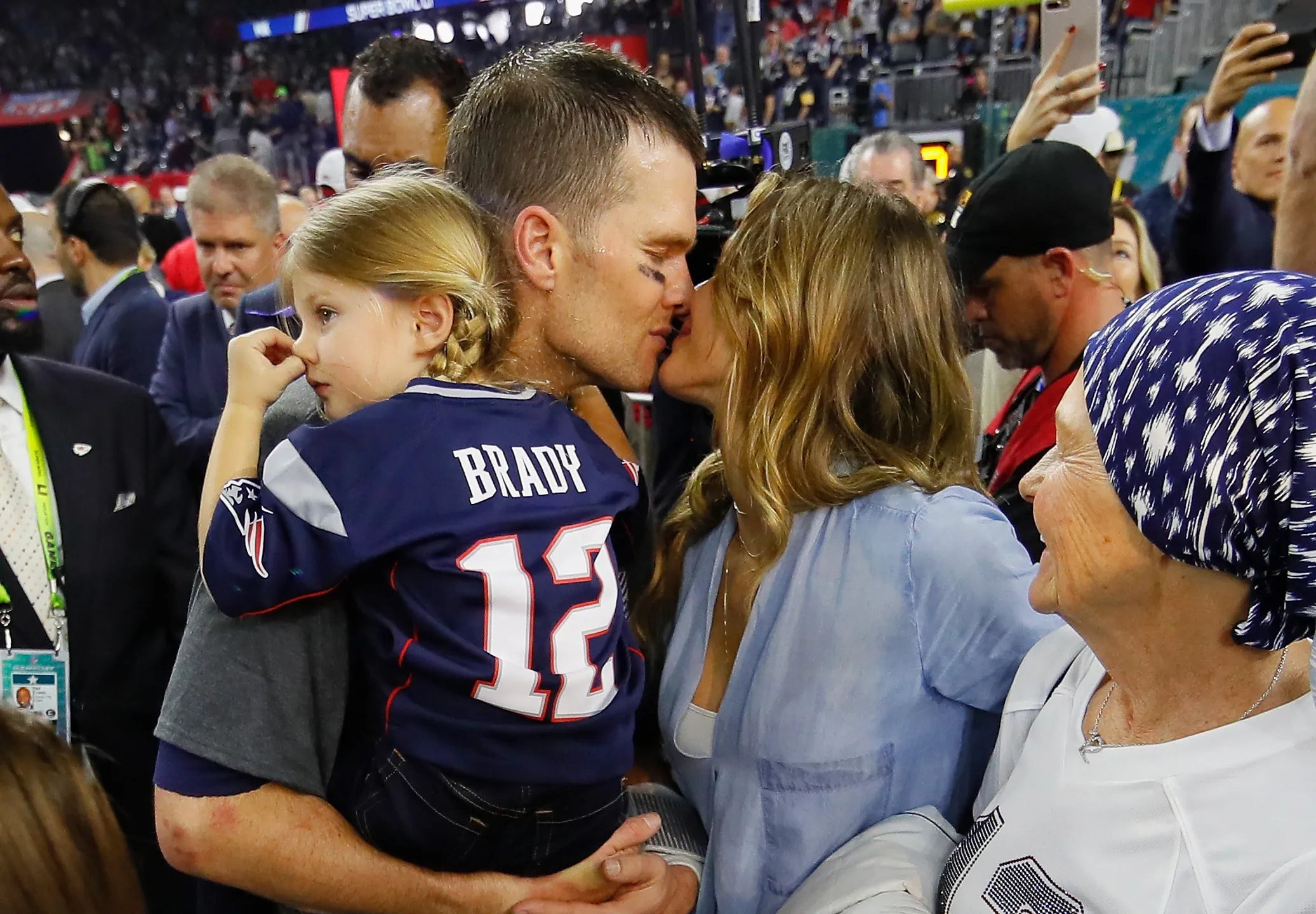 Tom Brady celebrates with wife Gisele Bundchen and daughter Vivian Brady after winning Super Bowl LI.
