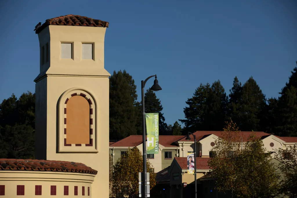 Morning sun illuminates the campus of California State Polytechnic University, Humboldt.