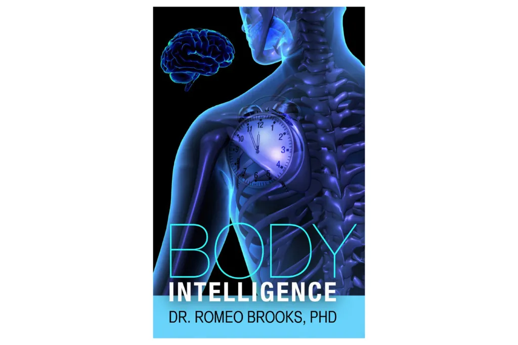 Illustration of a transparent human torso and head with a brain, an alarm clock on the shoulder, and 