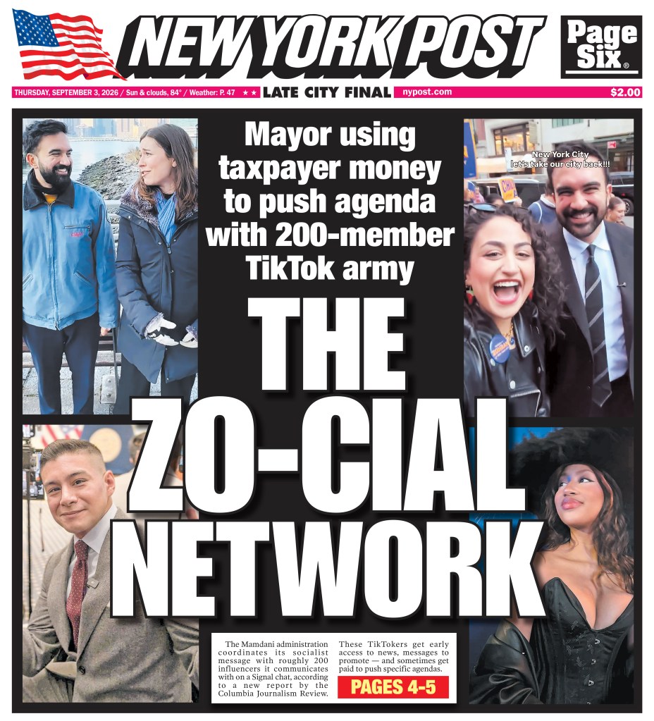 The front page of the New York Post with the headline 