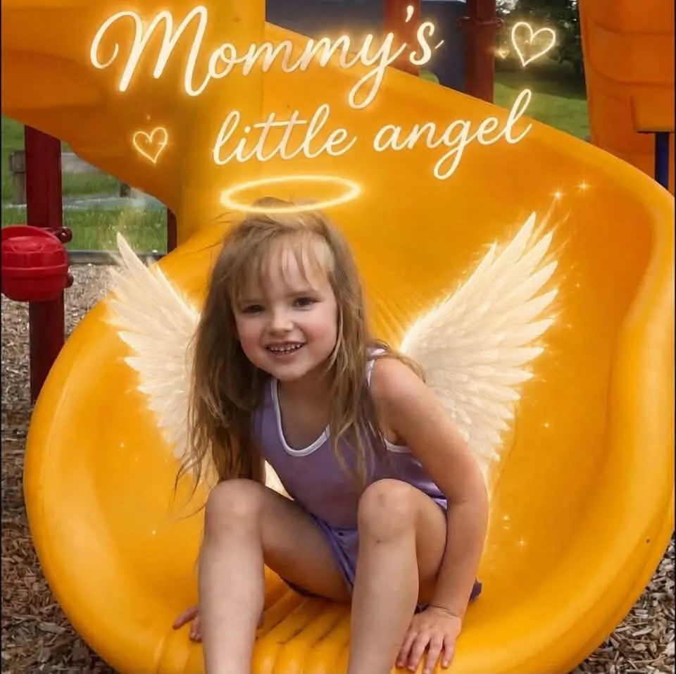 A young girl smiling and sitting on a yellow slide, with superimposed angel wings and a halo, and text that reads 