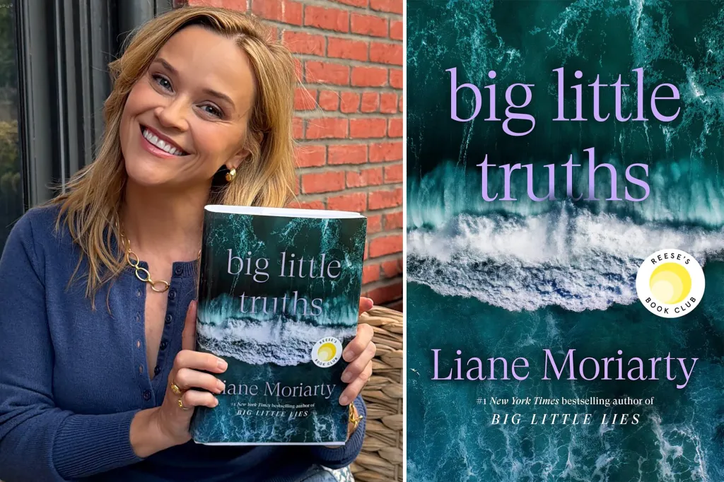 Collage of Reese Witherspoon holding a book next to a full view of the book cover for 