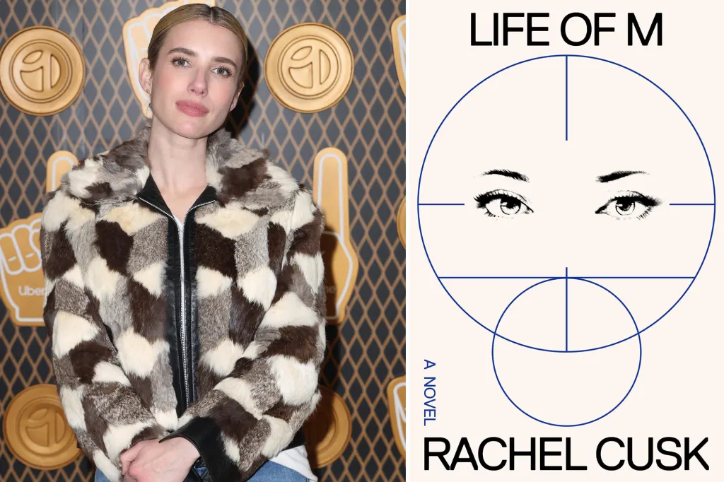 Collage of Emma Roberts in a fur coat and the cover of Rachel Cusk's 