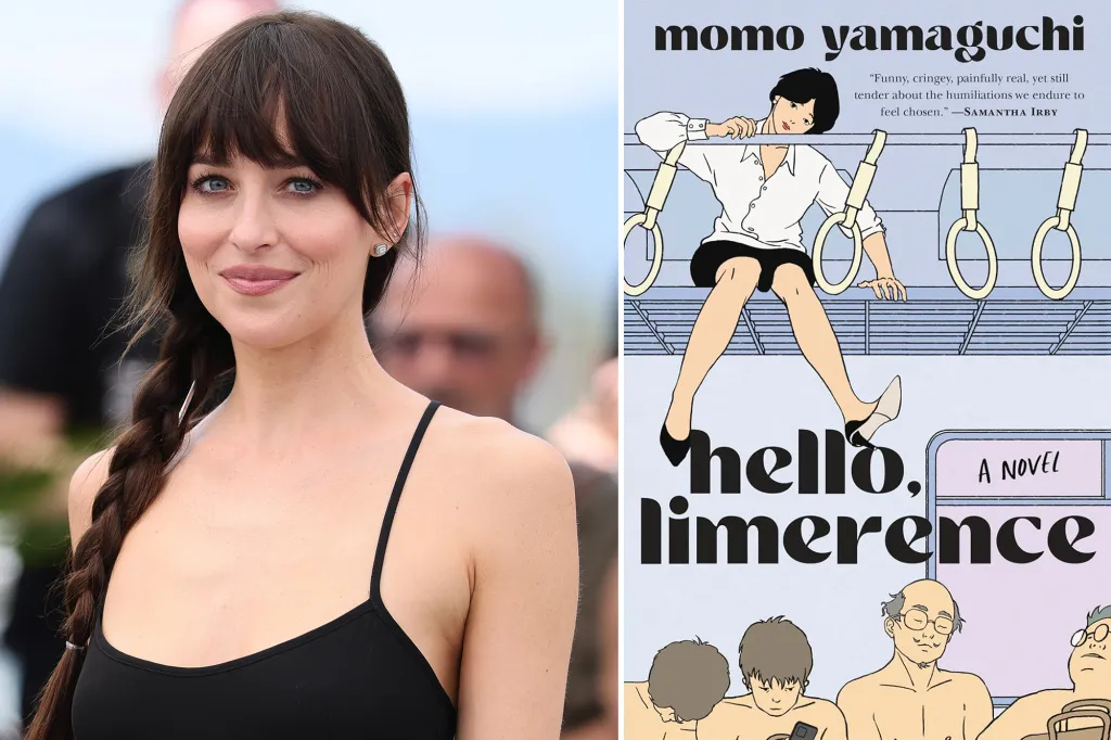 Collage of Dakota Johnson and the book cover for 