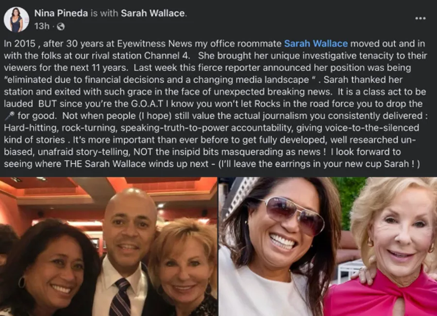 Former WABC colleague Nina Pineda praised Sarah Wallace as a “class act” and the “G.O.A.T” after the veteran investigative reporter announced her departure from WNBC.