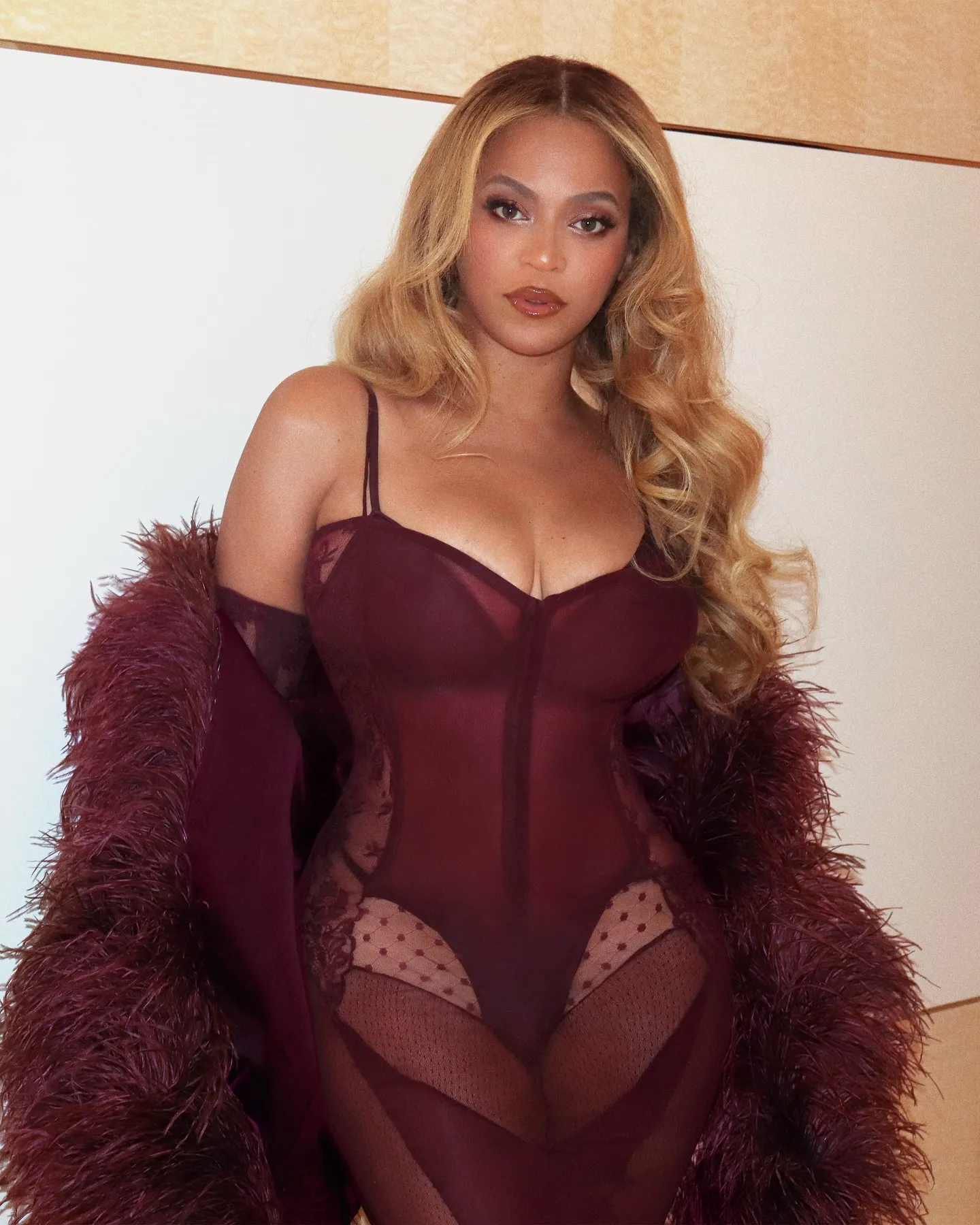 Beyoncé in a maroon corset with sheer panels and a feathered robe.