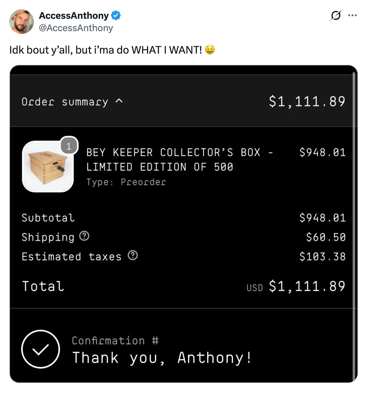 A tweet from AccessAnthony showing an order summary for a