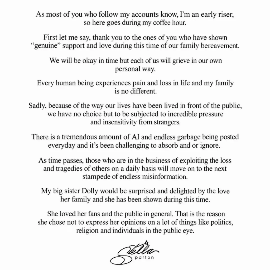 Stella Parton's statement on family bereavement, public insensitivity, and Dolly Parton's private nature.