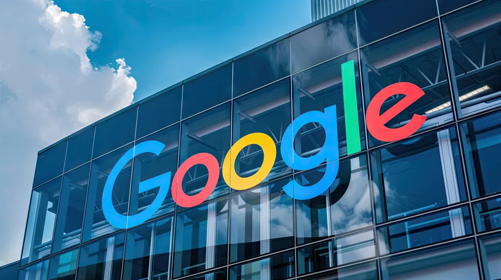 The Google logo in colorful lettering on the glass facade of a building.
