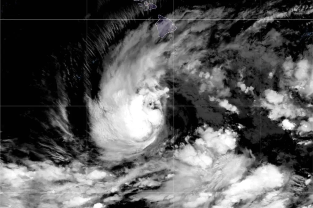 Satellite image of a tropical storm approaching Hawaii.
