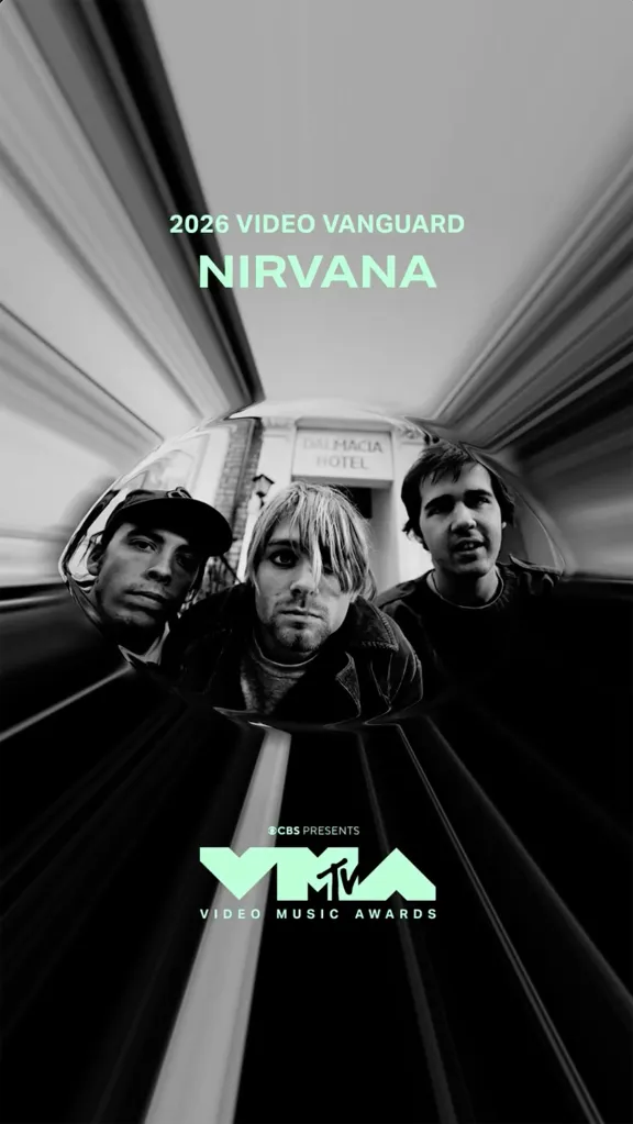 Black and white photo of Nirvana members Kurt Cobain, Krist Novoselic, and Dave Grohl, with “2026 Video Vanguard Nirvana” and MTV Video Music Awards logos.