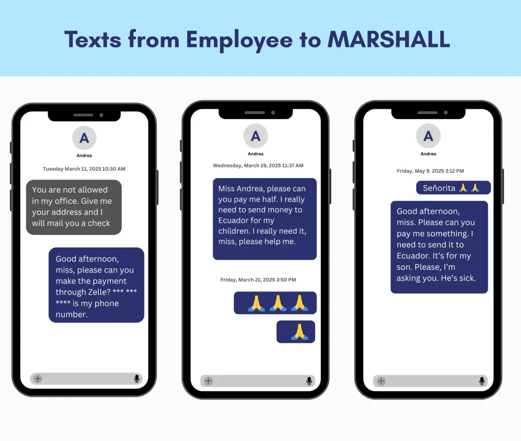 Illustration of three phone screens showing text messages between an employee asking 