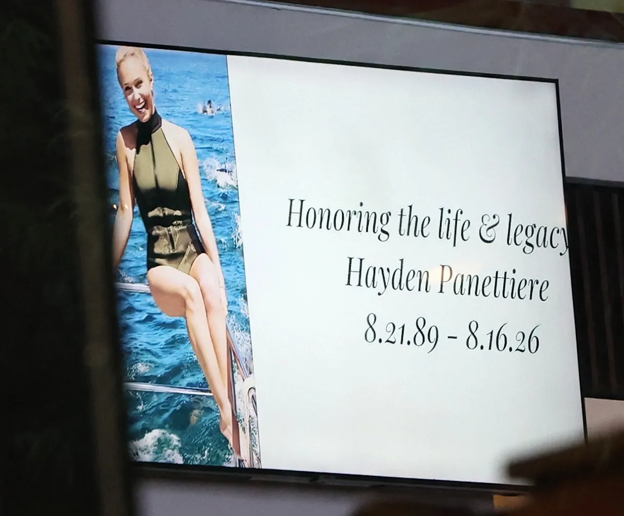 A screen displaying a photo of Hayden Panettiere in a swimsuit with text