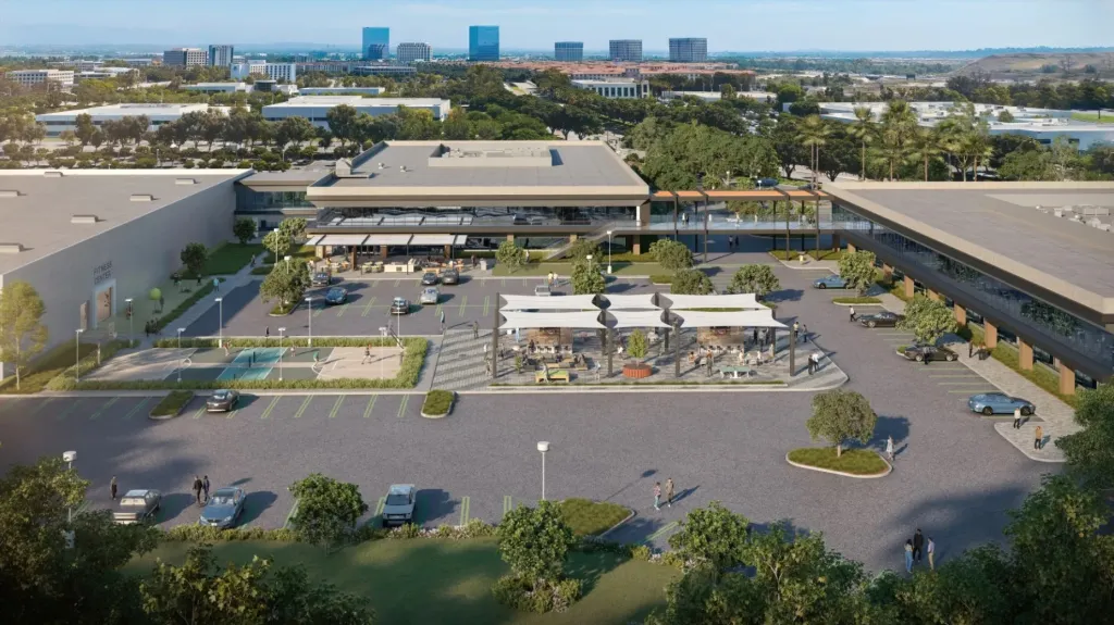 Illustration of the Alton HQ campus in Irvine with multiple buildings, parking lots, outdoor seating areas, and a sports court.