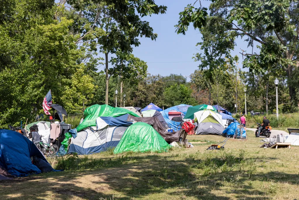 Homeless tent encampment in Eugene Field Park in Chicago.