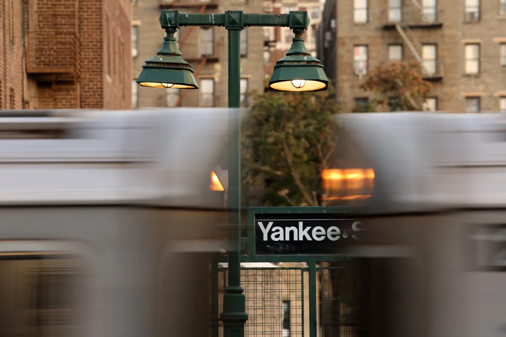 A train passes the 161 St-Yankee Stadium stop ahead of Game Five of the 2024 World Series at Yankee Stadium on Wednesday, October 30, 2024, in New York City. The Los Angeles Dodgers faced the New York Yankees in Game 5.