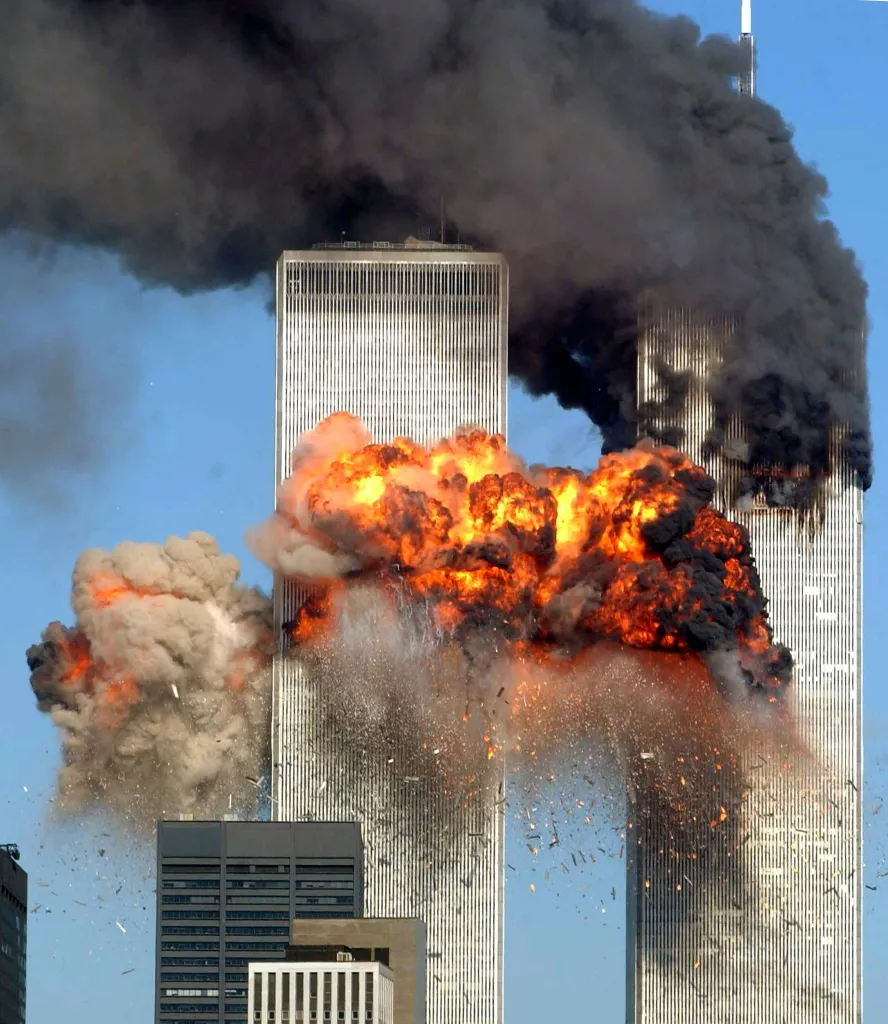 Hijacked United Airlines Flight 175 from Boston crashes into the south tower of the World Trade Center and explodes in New York City, Sept. 11, 2001.
