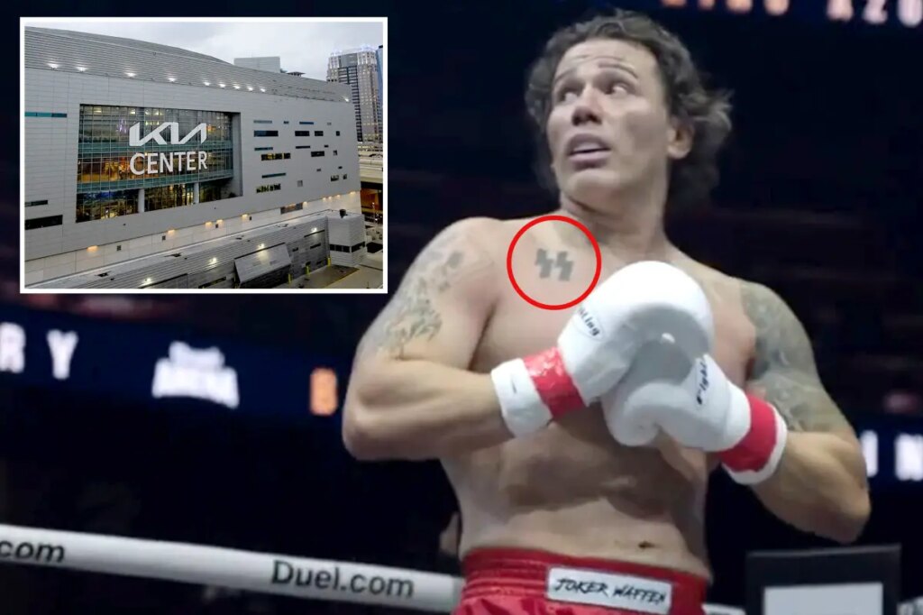 Kickboxer with SS tattoo gives Nazi salute after beating Jewish opponent — as supporters hold swastika banner
