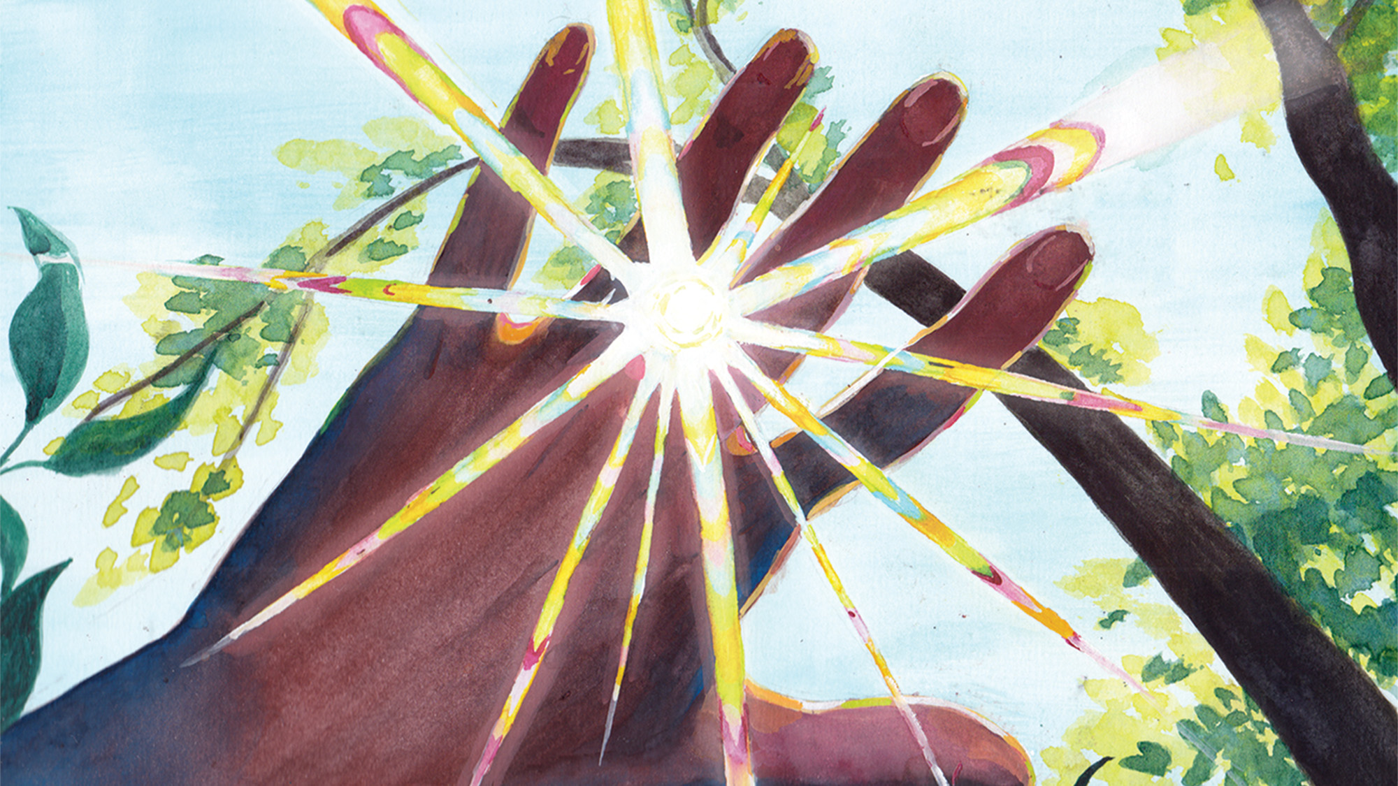 watercolor-style illustration of sunlight beaming through hand held to blue sky, with green tree branches in background