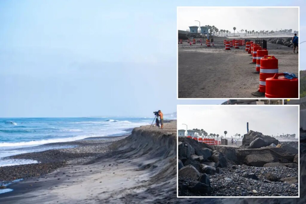 California beach swallowed by furious surf as Labor Day weekend crowds face parking nightmare
