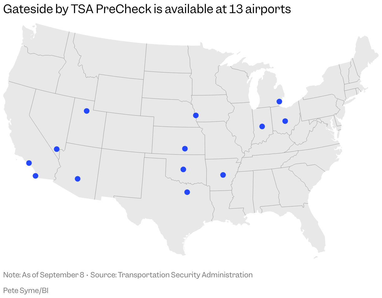 A map of the continental US shows 13 airports where Gateside by TSA PreCheck is available