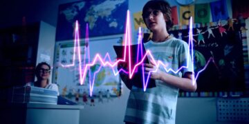 AI School Hooking Children Up to Heart Monitor in Front of Class While Playing Critiques of Their Work