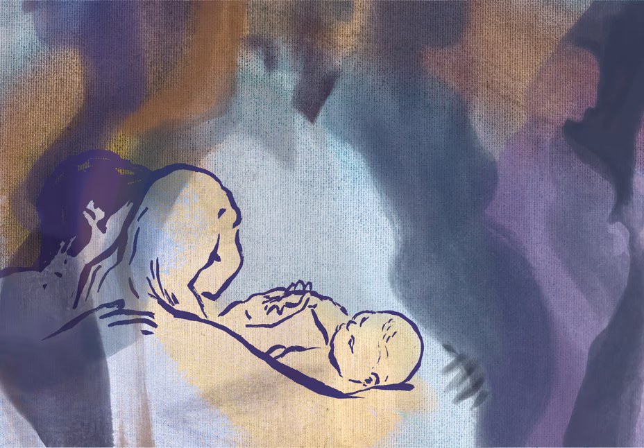 illustration with sketch in foreground of couple cradling a swaddled baby, with abstract shadowy silhouettes of pregnant women in background