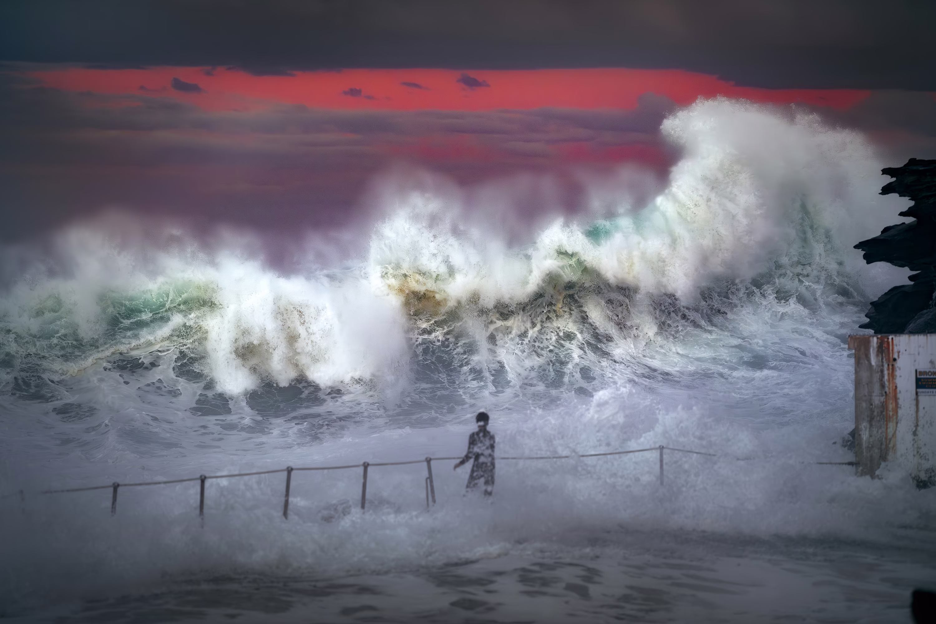 A person stands in front of a large crashing wave.