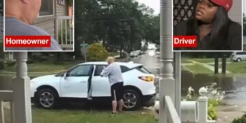 Michigan homeowner clashes with entitled driver who drove on his lawn to avoid flooded street