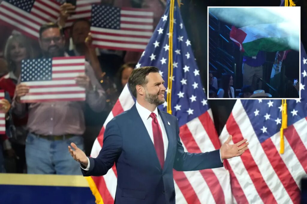 Protester heckles JD Vance, spices up his GOP midterm convention speech: ‘Just discovered the symbol of the far-left’