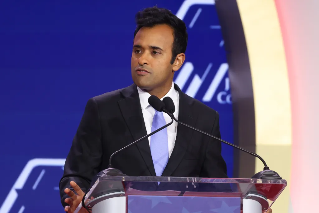 Vivek Ramaswamy speaking via satellite at the 2026 Republican Jewish Coalition Conference.