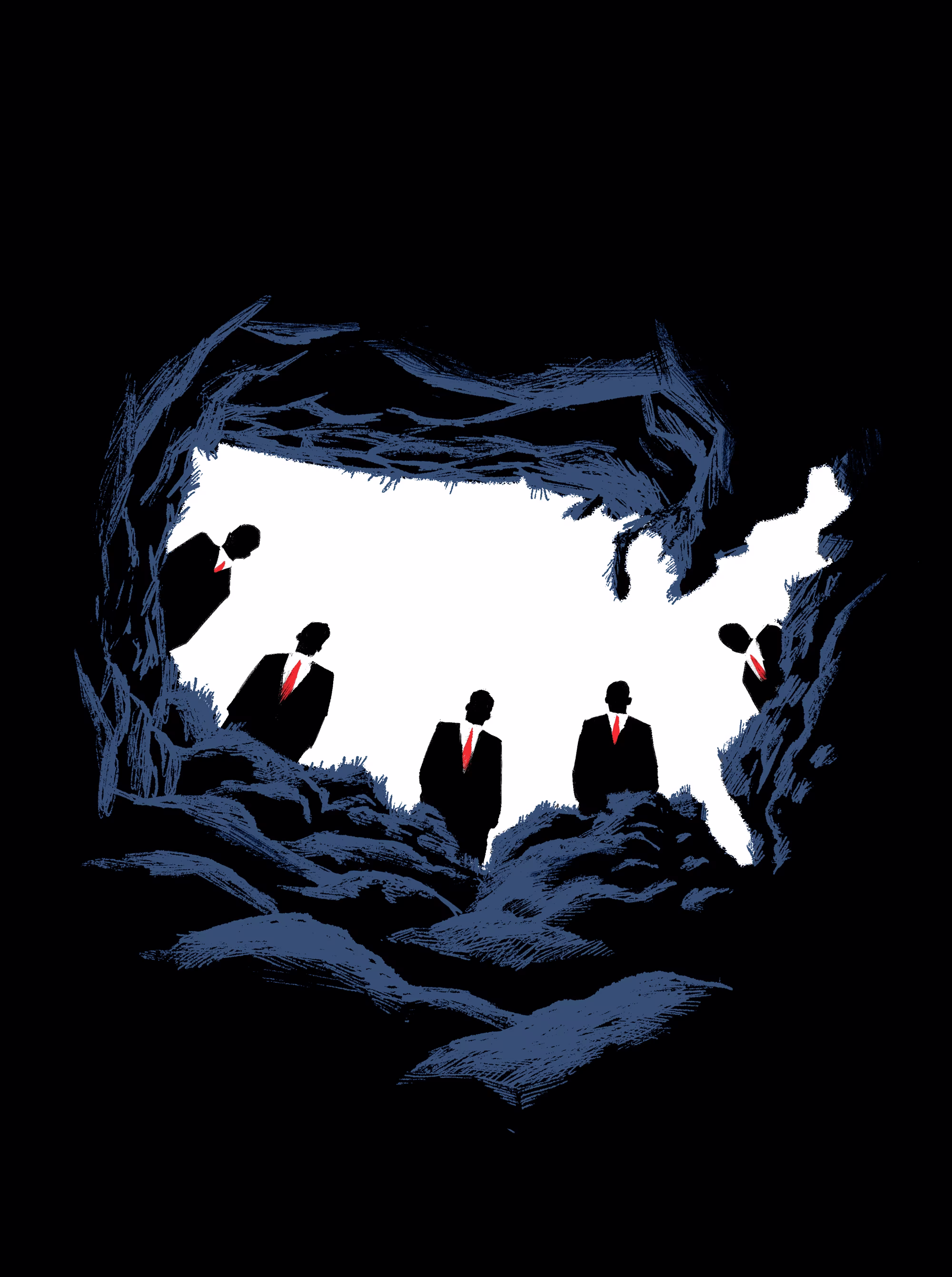 illustration from point of view of bottom of deep U.S.-map-shaped hole in the earth, with a group of suited and red-tie wearing men peering into it as if it were a grave