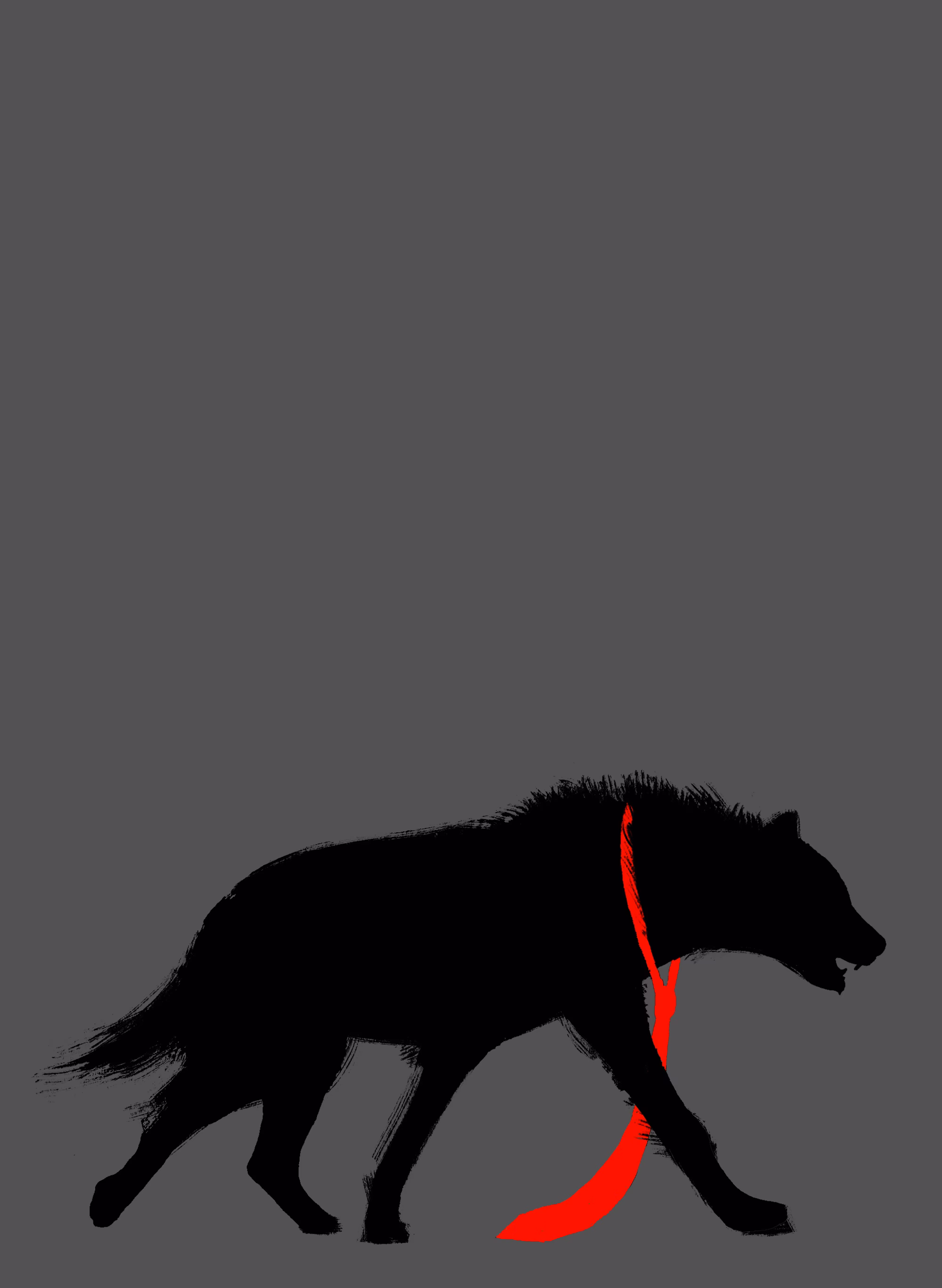 illustration with silhouette of a hyena stalking prey wearing long red business tie on gray background