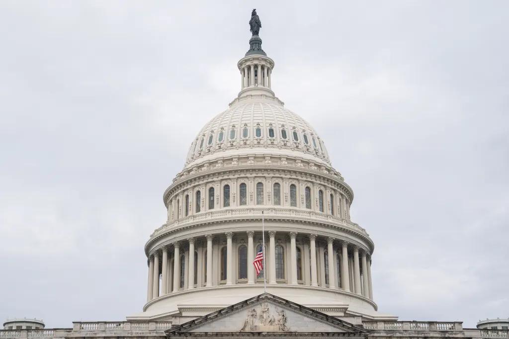 The U.S. Capitol with flags lowered to half-staff.