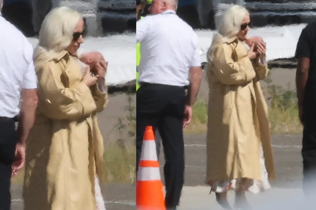 Glam Lady Gaga cradles her baby as she touches down in LA with fiancé Michael Polansky